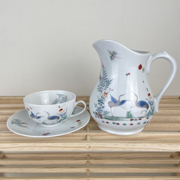 Limoges Porcelaine du Lys Royal Kakiemon Reproduction Pitcher Teacup Saucer Set - Picture 1 of 10